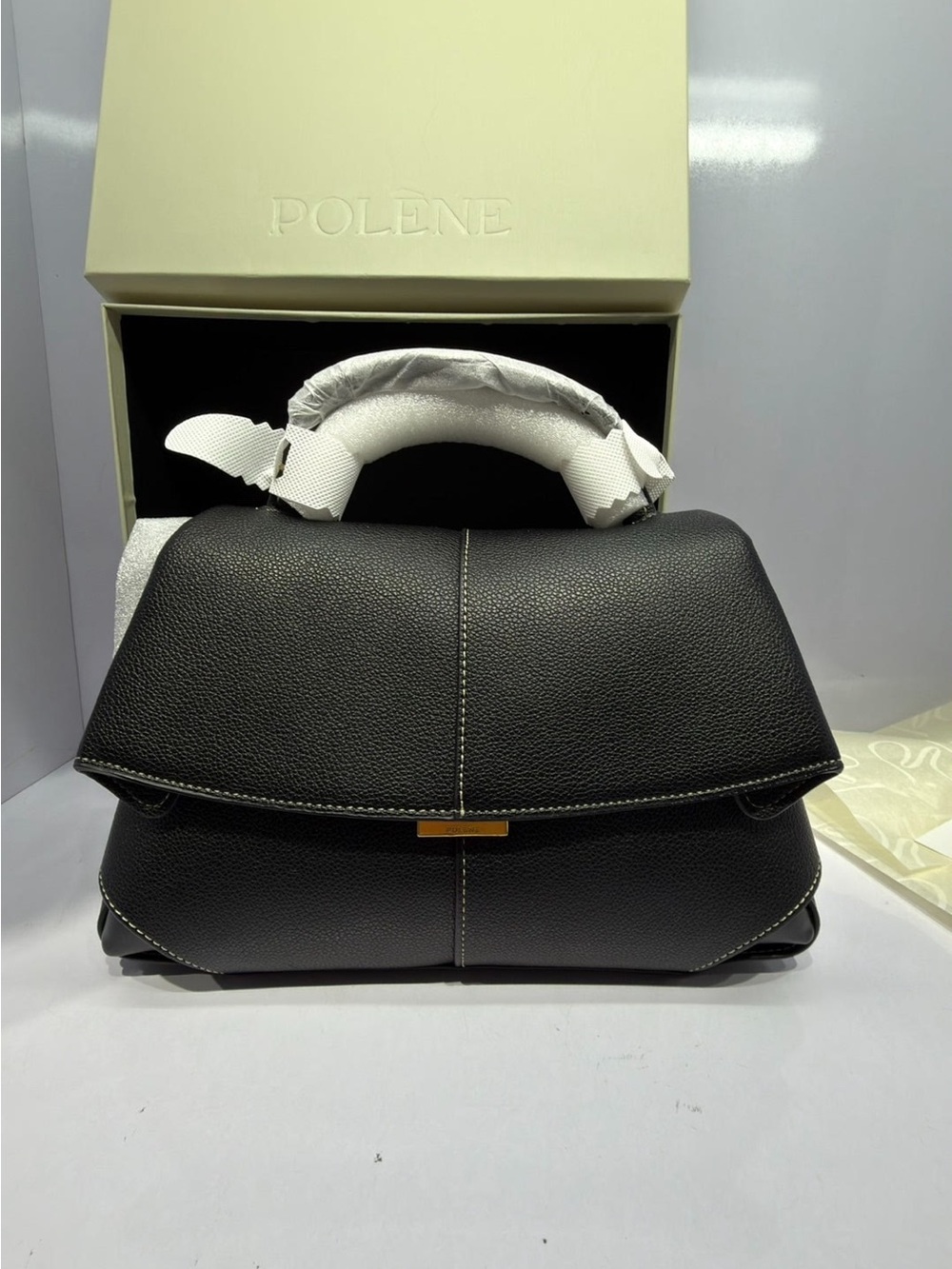 Polene Mokki Black Textured Leather Convertible Shoulder Bag